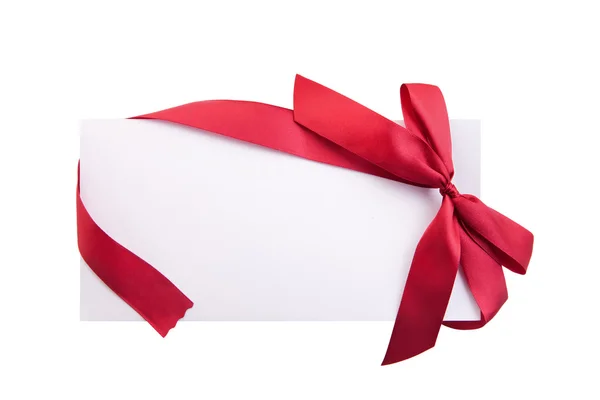Card note with red ribbon on white background — Stock Photo, Image