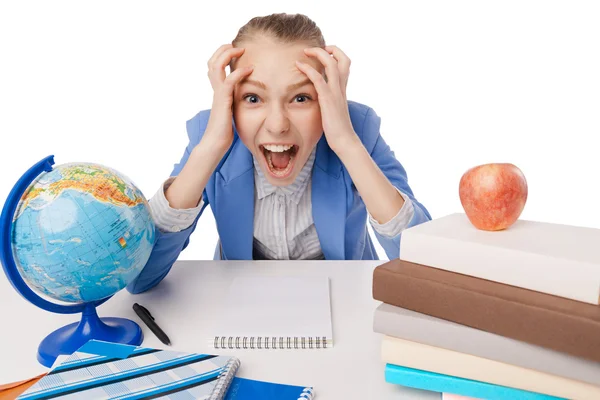 Shouting and tired student girl with many book — Stock Photo, Image