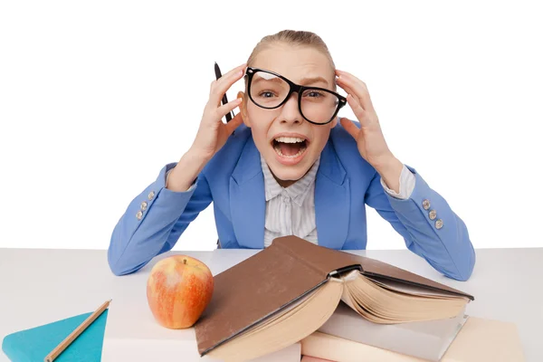 Shouting and tired student girl wearing eyeglasses — Stock Photo, Image