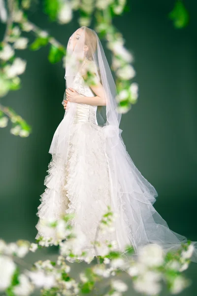 Mooie jonge bruid heeft sluier over haar hoofd en het gezicht. — Stockfoto