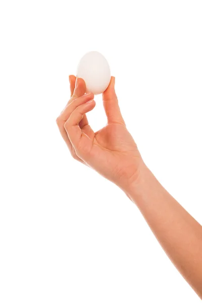 Mano de mujer con huevo aislado sobre fondo blanco —  Fotos de Stock