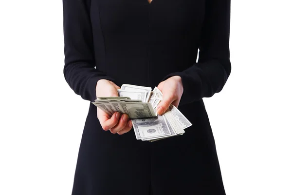 Mulher conta dólares, de perto — Fotografia de Stock