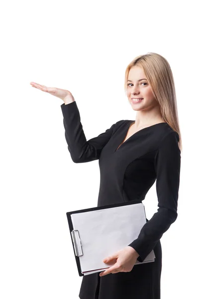 Young businesswoman offers something — Stock Photo, Image