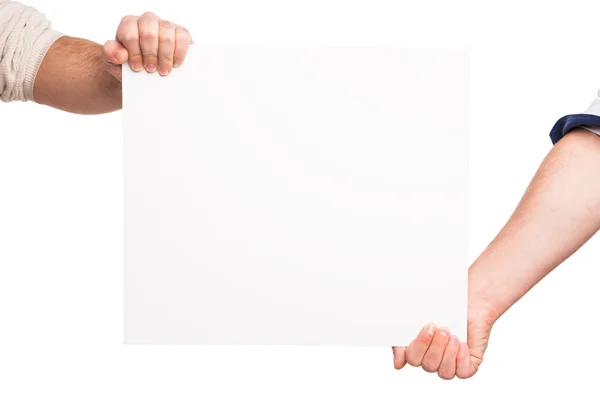 Boş bir beyaz tahta holding eller — Stok fotoğraf