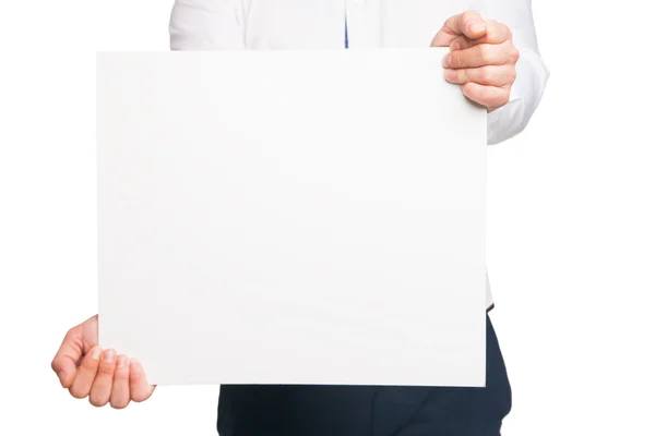 Close up of man hands showing white blank board — Stock Photo, Image