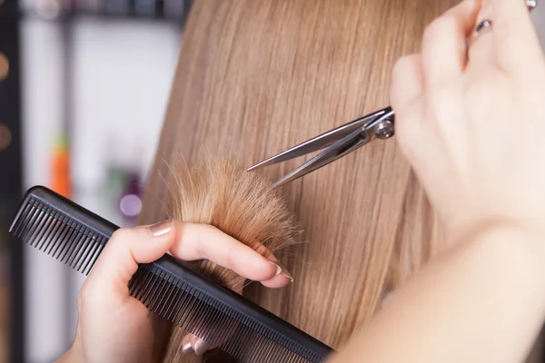 Salon fryzjerski wyciąć blond włosy kobiety — Zdjęcie stockowe
