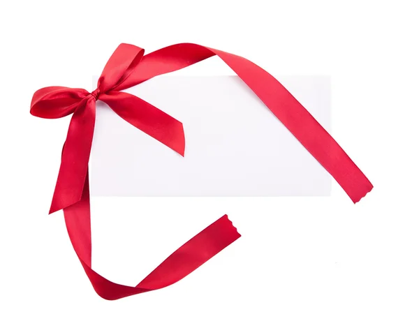 Card note with red ribbon on white background — Stock Photo, Image