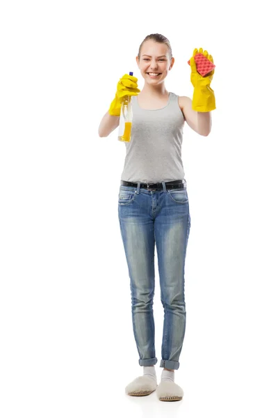 Mooie vrouw in gele rubberen handschoenen over Wit — Stockfoto