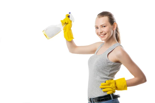 Mooie vrouw in gele rubberen handschoenen over Wit — Stockfoto