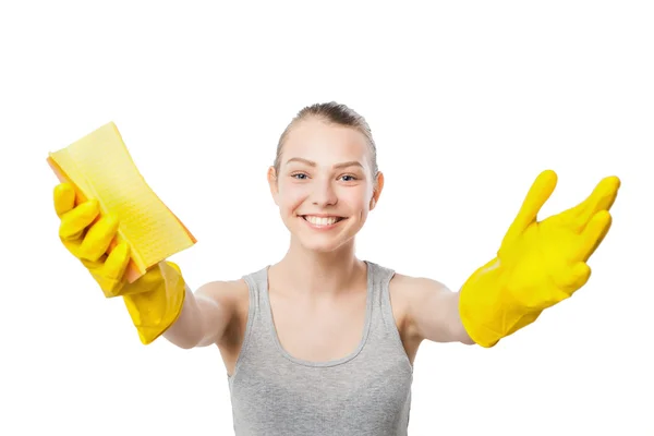 Mooie vrouw in gele rubberen handschoenen over Wit — Stockfoto