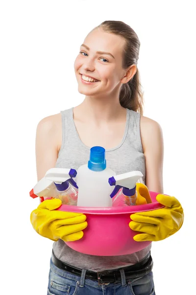 Schöne Frau in Handschuhen mit Waschbecken über Weiß — Stockfoto