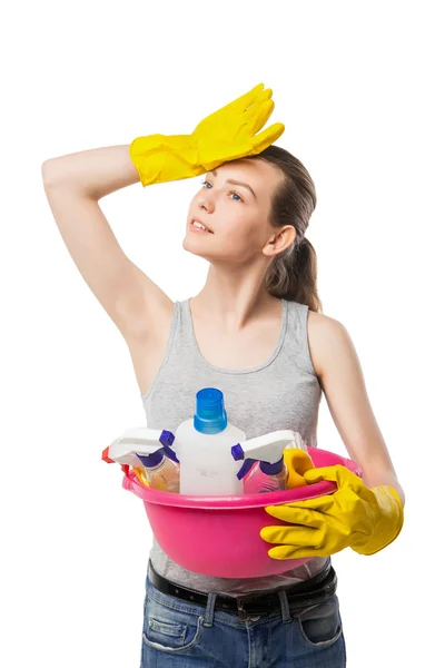 Schöne Frau in Handschuhen mit Waschbecken über Weiß — Stockfoto