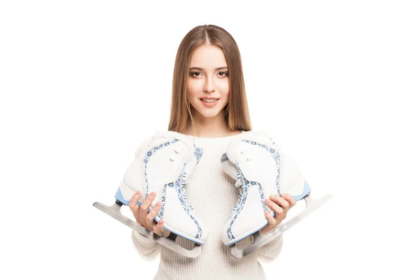 Young woman with pair of ice skates isolated — Stock Photo, Image