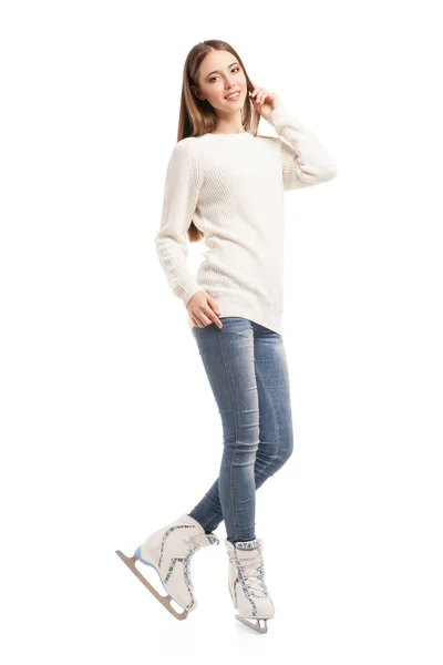 Young woman in pair of ice skates isolated — Stock Photo, Image