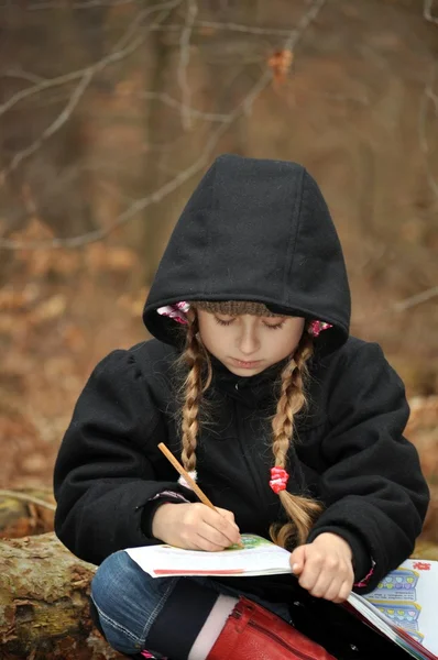 The girl is writing . The girl is learning . — Stock Photo, Image