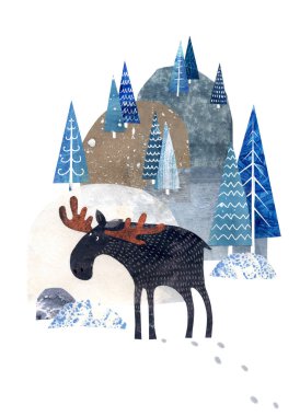 Şekillendirilmiş illüstrasyon. Geyikli kış manzarası. Kartpostal, poster, davetiye