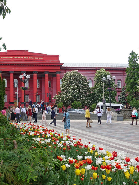 Киев. Украина. 11 мая 2019 года Цветы весной в Киевском университете. Перевод текста Киевского национального университета. Т. Шевченко