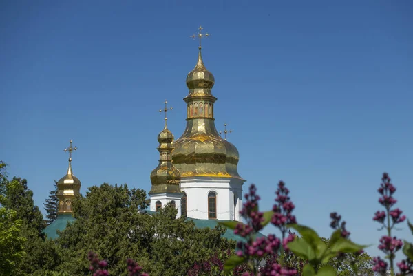 Golden domes of the Holy Cross Church in the Kiev-Pechersk Lavra — Stock Photo, Image