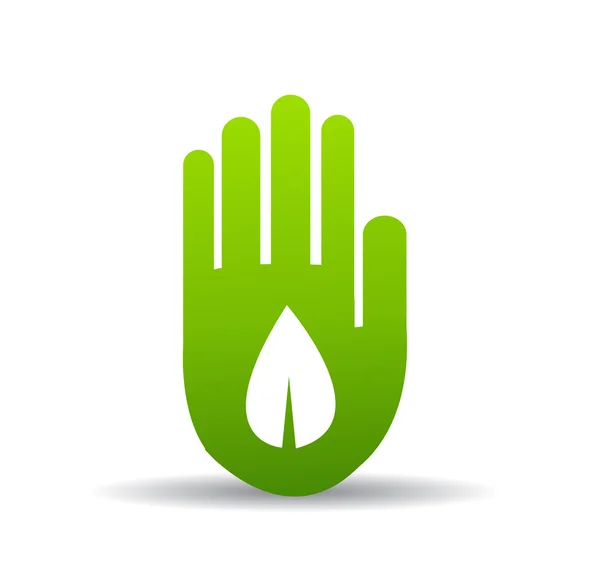 Mano verde con hoja verde — Vector de stock