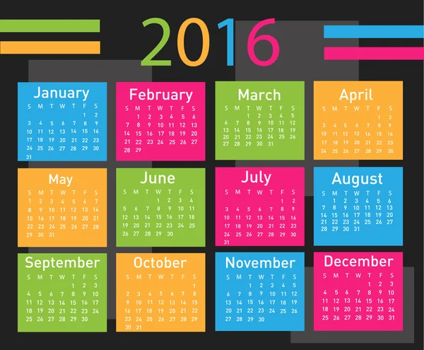 Calendrier vectoriel moderne et simple 2016 — Image vectorielle