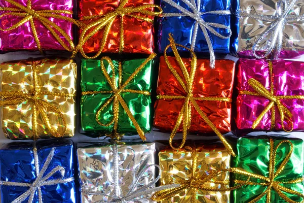 Boîtes Avec Des Cadeaux Lumineux Colorés Emballage Festif Contexte Toile — Photo