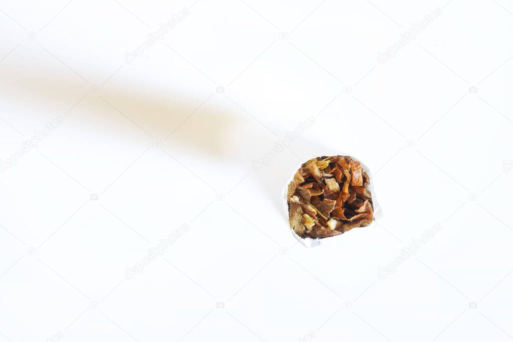The tip of a cigarette standing on a white background. View from above. Tobacco smoking and other bad habits. Free space for inscription. Macro. Shallow depth of field