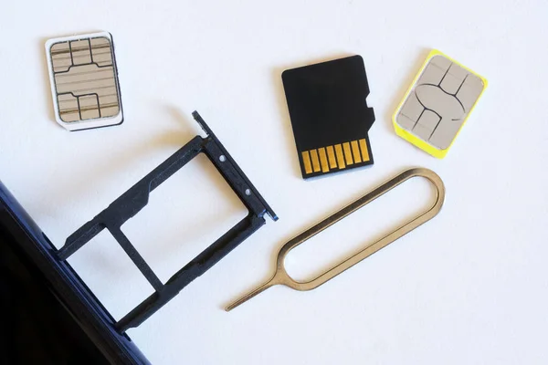 Dos Tarjetas Nano Sim Miniatura Una Micro Tarjeta Smartphone Con — Foto de Stock