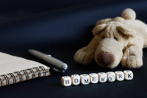 Homework Lettering Next Cute Plush Dog Notepad Fountain Pen Concept — Stock Photo, Image