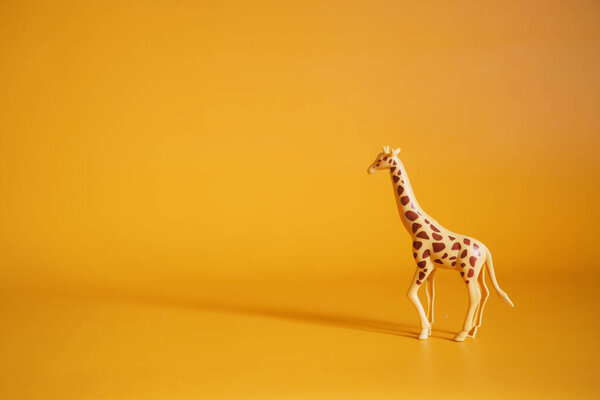 Lonely toy giraffe on a bright yellow background. The concept of childhood memories, loneliness of rare and exotic animals. Free space for an inscription. Shade and natural light