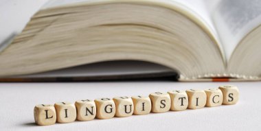 Sözcük dilbilimi açık bir kitabın yanındaki tahta küplerden yapılır. Dil ve edebiyat tarihi üzerine dil ve bilim eğitimi kavramı. Beyaz arka plan. Seçici odaklanma. Makro