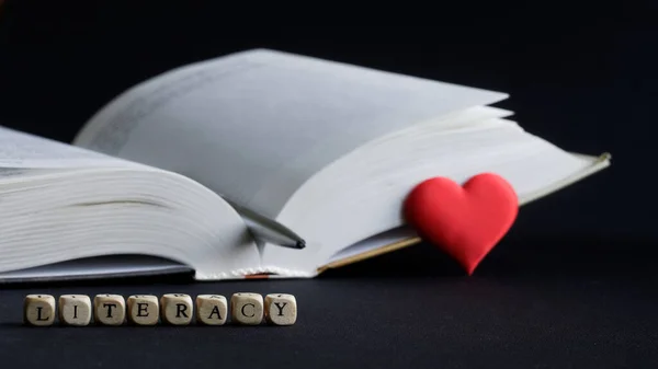 Lettering Literacy Next Open Book Red Heart Pen Concept Sympathy — Stock Photo, Image