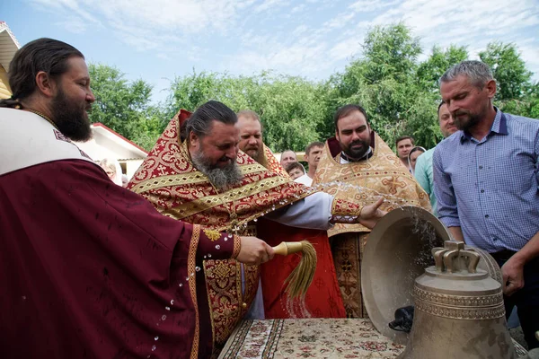 Priests Conduct Rite Consecration Bells Being Installed Temple Bell Tower — Stock Photo, Image
