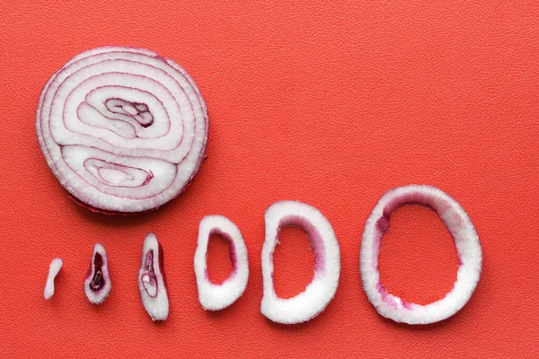 The onion rings of a red lettuce onion lie on a red background. Close-up