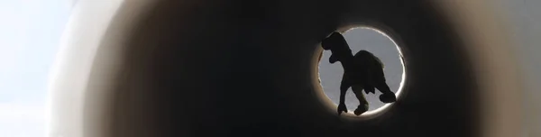 Frightening black silhouette at the end of tunnel or pipe. Clinical death concept. Web banner. Close-up