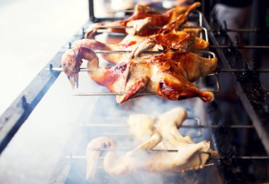 Tükürük şişinde ızgara ördek. Geleneksel barbeküde kızartılmış. Kızarmış Ram ördeği pişirilmiş eti.