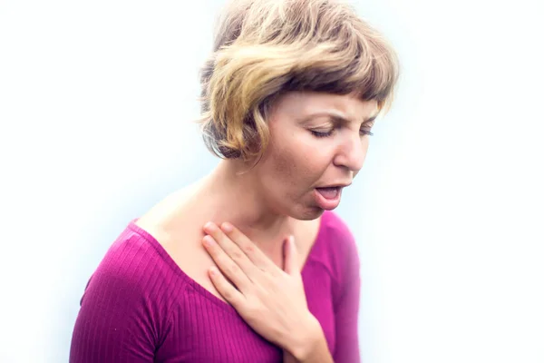 Tenggorokan Kesakitan Ill Woman Suffering Painful Swallowing Touching Neck Hand — Stok Foto