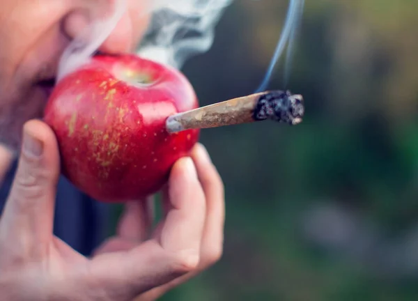 Hombre Fumando Marihuana Través Una Manzana Concepto Drogas Ligeras — Foto de Stock