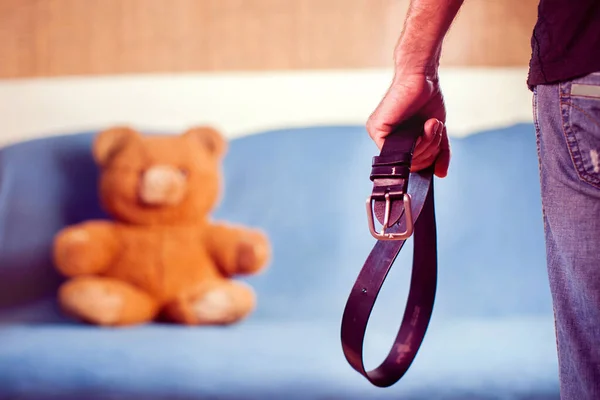 Domestic Violence Male Hand Belt Background Toy Bear Abused Child — Stock Photo, Image