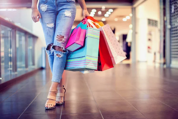 Woman Holding Shopping Bag Mall Close Shot Shopping Sale Concept Stock Photo