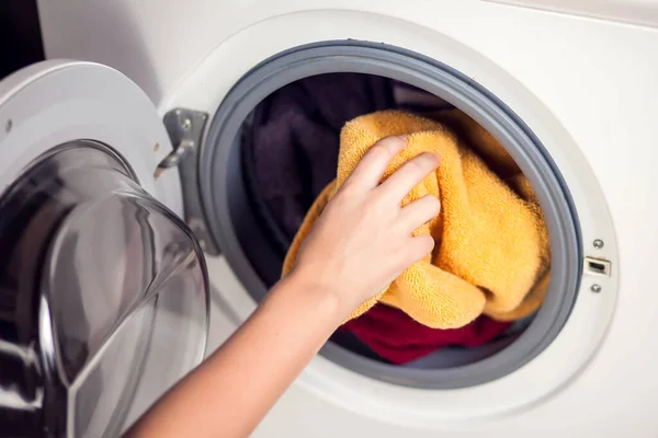 Loading Clothes Washing Machine Housework Laundry Concept — Stock Photo, Image