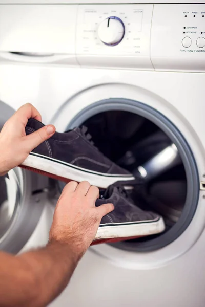 Loading Sheakers Washing Machine Housework Laundry Concept — Stock Photo, Image