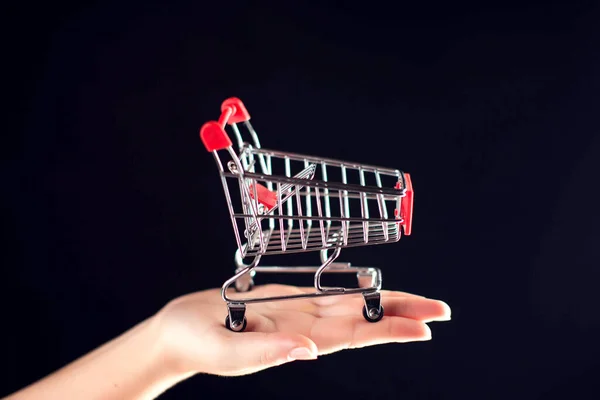 Shopping Trolley Model Woman Hand Black Background People Purchases Shopping — Stock Photo, Image