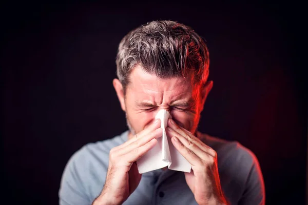 Man Has Runny Nose Snot Napkin People Healthcare Medicine Concept — Stock Photo, Image