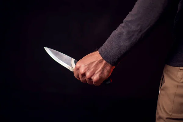 Hombre Sostiene Cuchillo Personas Violencia Familiar Concepto Crimen — Foto de Stock
