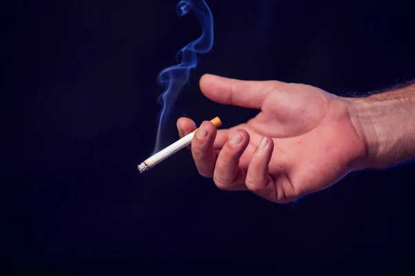 Cigarette Hand Black Background Smoke Addiction Concept — Stock Photo, Image