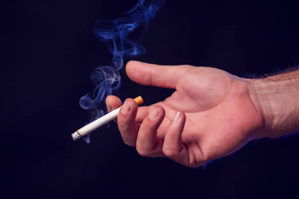 Cigarette Hand Black Background Smoke Addiction Concept — Stock Photo, Image