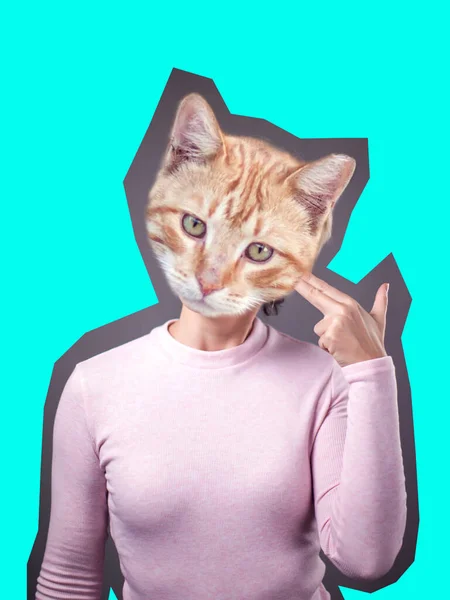 Modern Art Collage Female Model Cat Face Instead Head Bright — Stock Photo, Image