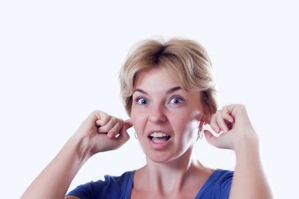 Woman Feels Strong Ear Pain Hearing Loud Sound Isolated People — Stock Photo, Image
