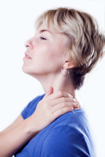 Wanita Merasa Sakit Leher Yang Kuat Terisolasi Orang Orang Konsep — Stok Foto