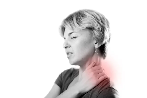 Wanita Merasa Sakit Leher Yang Kuat Terisolasi Orang Orang Konsep — Stok Foto